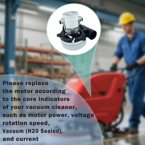 Beefy 120V Central Vacuum Motor Replacement in industrial setting, shown with cleaning equipment in background, 2 Stage, 1100W