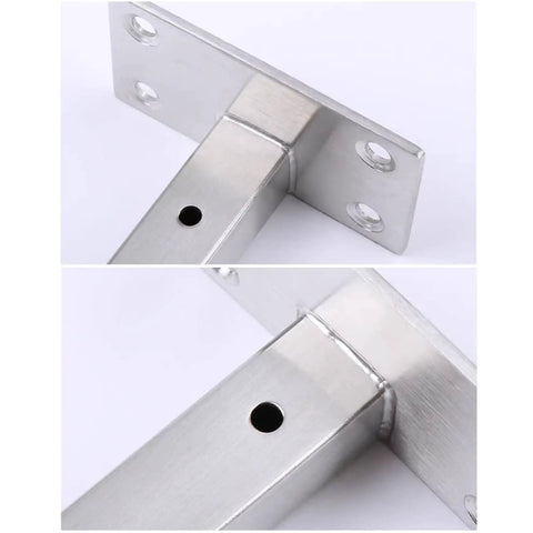 Detailed view of Rock Solid Two Pack Heavy Duty Wall Mounted Shelf Brackets Crafted From Brushed Stainless Steel with mounting holes.