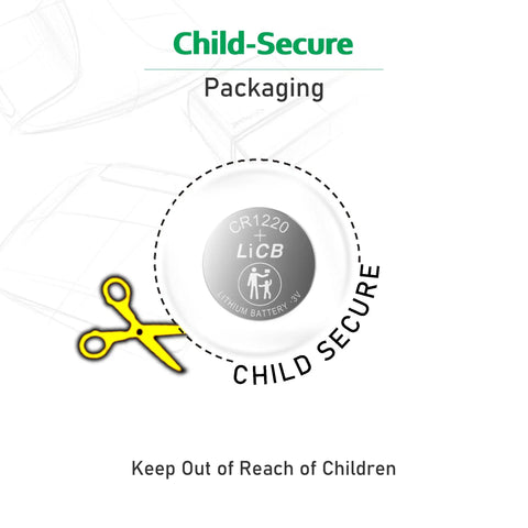Child-secure packaging of Premium CR1220 3 Volt Lithium Button Coin Cell Battery High Capacity Grade A Cells with safety instructions.