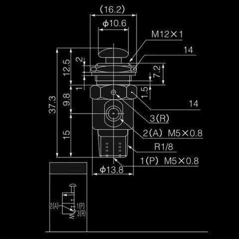 Technical diagram of Rock Solid Heavy Duty Pneumatic Valve With Push Button Return Switch, 2 Position 3 Way Metal Body, 0 To 0.9 MPa, Compact