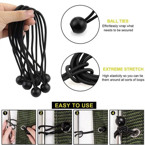 24 Piece Ball Bungee Cords Set Heavy Duty Tarp Ball Cords With 4mm Elastic 4in 6in 9in Sizes Black Canopy Ties use instructions