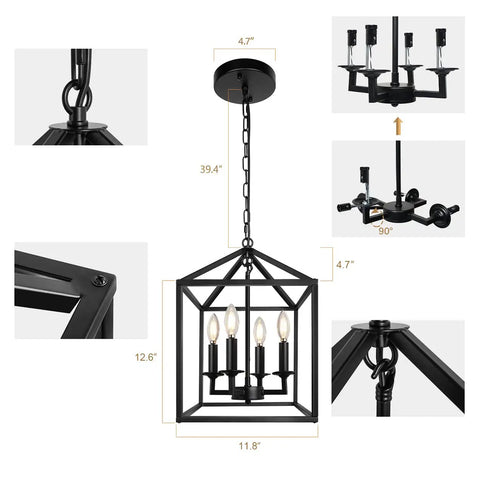 Farmhouse Black Pendant Light Lantern Chandelier For Kitchen Island Foyer Dining Room And Hallway Industrial Style Four Light Fixture With E12 Sockets Measures 17 By Eleven Point Eight Inches No Glass To Clean And Easy Ceiling Mount layout and dimensions