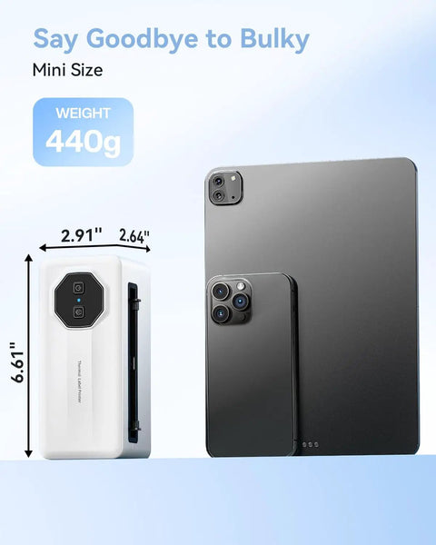 Bluetooth Thermal Label Printer For Small Biz 4x6 Wireless Label Printer next to tablet and smartphone showing size comparison