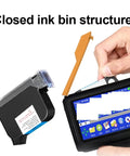Highly Portable Handheld Inkjet Printer For Quick Date QR Code And Text Labeling showing closed ink bin and user interacting.
