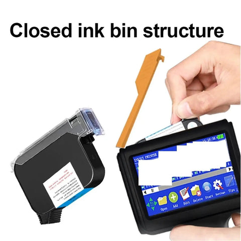 Highly Portable Handheld Inkjet Printer For Quick Date QR Code And Text Labeling showing closed ink bin and user interacting.