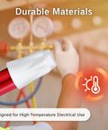Ceramic wire nut cap on red wires; porcelain, high-temperature electrical connector.