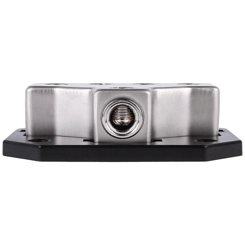 Heavy Duty Car Audio Power Distribution Block With Rock Solid Zinc Alloy Build, 1 Or 4 Gauge Input And Four Outputs With Reducers, Premium Block Cover For Safe Install And Peak Conductivity, front view
