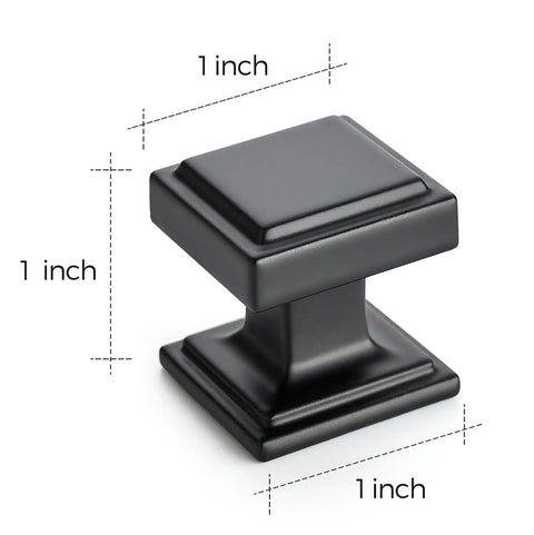30 Pack Matte Black Square Cabinet Knobs With Zinc Solid Construction, showing dimensions of 1 inch each side