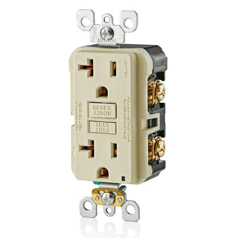 GFCI Outlet 20 Amp Self Test With LED Indicator Light Non Tamper Resistant Ivory For Easy Home DIY Install Keeps You Safe From Electric Shocks