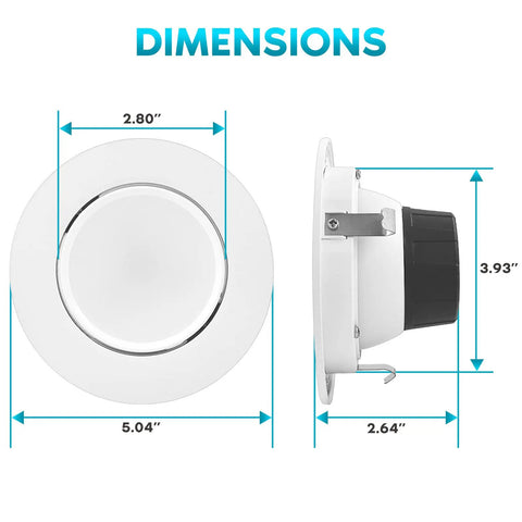 Dimensions of 4 Inch Gimbal LED Recessed Can Light Go-To Easy Install 8W 60W Equivalent, side and front views with measurements.