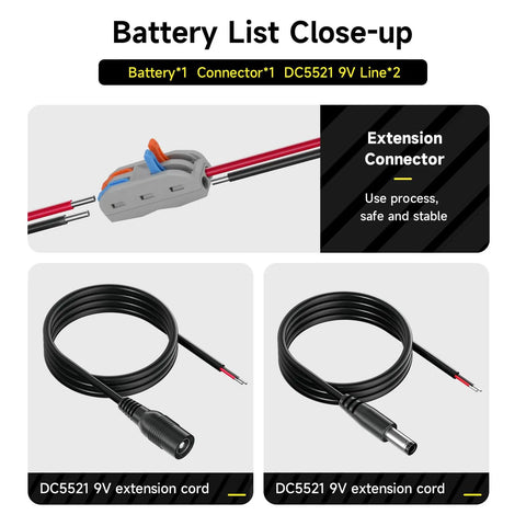 Close-up view of extension connector and 9V DC5521 cords in 12V 3000mAh Rechargeable Lithium Battery Pack With 12.6V Charger 3A Max DC Output Portable Power Kit For RC Cars Boats Robots LED Light Strips CCTV Cameras And DIY Projects