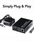 BiDi Gigabit Single-Mode Fiber Ethernet Media Converter Kit With Two SFP LC Transceivers Included, 10 100 1000BaseT To 1000Base SX SMF Up To 30 Kilometers, 1.25 Gbps 1310 Nm Ports, AC DC Power Supply Included shown with components