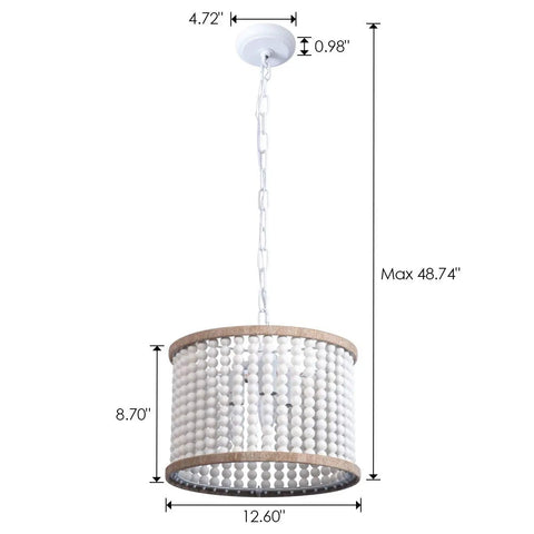 Bohemian Wood Beaded Chandelier Three Light Pendant With White Finish, Rustic Boho Style Lighting dimensions diagram