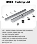 No-Fuss 2 In 1 Linear Shower Drain 24 Inch Brushed Nickel Stainless Steel Floor Drain With Tile Insert Grate Adjustable Feet Hair Filter Rust Resistant for Ultra Clean Shower Drainage packing list with parts displayed