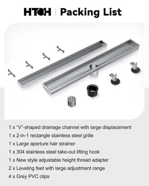 No-Fuss 2 In 1 Linear Shower Drain 24 Inch Brushed Nickel Stainless Steel Floor Drain With Tile Insert Grate Adjustable Feet Hair Filter Rust Resistant for Ultra Clean Shower Drainage packing list with parts displayed