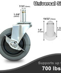 4-inch stem caster wheels with side brake, gray rubber TPR wheels, set of 4