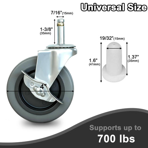 4-inch stem caster wheels with side brake, gray rubber TPR wheels, set of 4