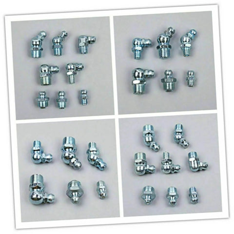 Hydraulic Grease Nipples And Fittings Kit - 260-Piece Metric And Imperial Assortment displayed in four groups on gray background.