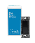 Diva Style Smart Dimmer Switch With No Neutral Required For Easy Glow Up On Any Circuit in box with label and black paddle design.