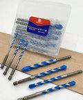 Front view of BRSCHNITT concrete drill bit set with hex shank, blue-coated spiral bits in plastic case