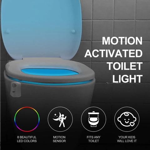 Motion Sensor Toilet Night Light With Eight Color Changing Led Glow For Bathroom Hands Free Auto On In Darkness Perfect For Midnight Pee Energy Saving Nightlight Fun Gift For Family, showing blue LED illumination.