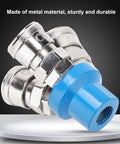 Sturdy Metal C Type Pneumatic Quick Fitting For One Quarter Inch Air Hose Quick Coupler Japanese Style Manifold Splitter Three Way Air Line Connector With Secure Threads And Easy Snap Connection, featuring a durable metal design and blue connector.