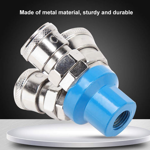 One Quarter Inch NPT Three Way Pneumatic Air Fitting Manifold Block Splitter For Air Hose And Compressor Tool on display