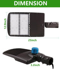 300W LED Parking Lot Light With Dusk To Dawn Photocell Sensor, 42000 Lumens, surge protected, dimensions shown, shoebox style