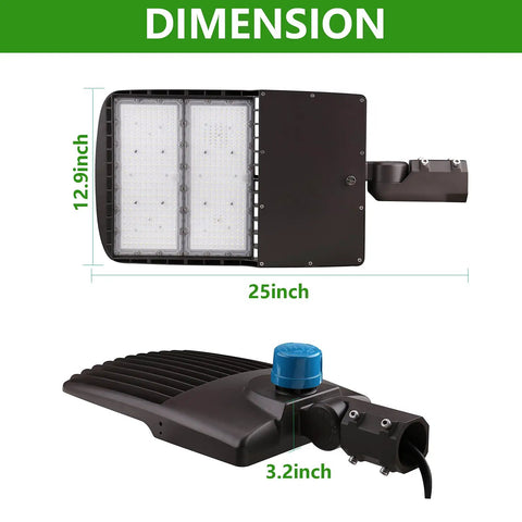 300W LED Parking Lot Light With Dusk To Dawn Photocell Sensor, 42000 Lumens, surge protected, dimensions shown, shoebox style