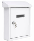 Weatherproof Wall Mount Locking Mailbox with Galvanized Steel Drop Box and Metal Flap shown in white with lock and keys.