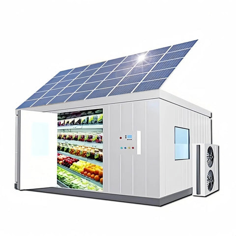 Heavy Duty Commercial Walk In Cold Storage Room Featuring Solar Cooling Panels For Meat Seafood And Food Processing Built Tough To Keep Inventory Crisp All Day Long, showcasing solar panels and fresh produce.