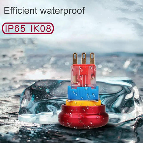 Metal Emergency Stop Push Switch With Self Locking Rotary Mushroom Cap shown with IP65 waterproof protection on ice