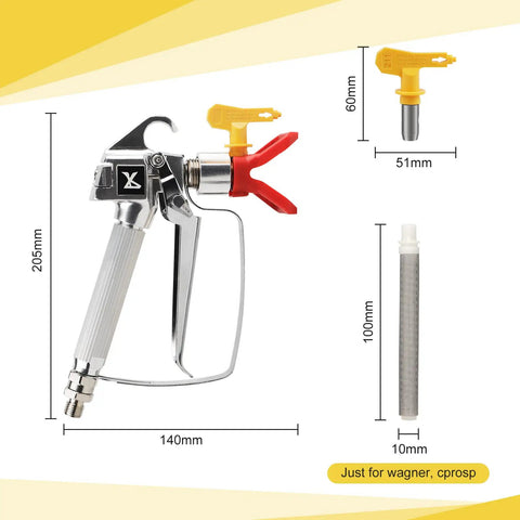 Airless Spray Gun For DIY Projects High Pressure 3600 PSI With 4 Swivel Joints And 6 Filters 211 515 517 621 Tips, dimensions shown