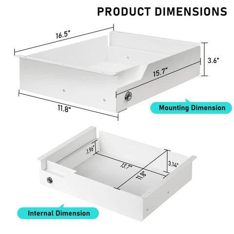 Product dimensions image of Slick Under Desk Drawer With Lock Sturdy Metal Undermount Storage Slide Tray Organizer For Papers Laptops And Office Gear White 16X11 Point 8 Inch Smooth Ball Bearing Glides Home Office Staple Hassle Free Setup.