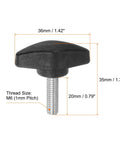 Four Pack Tee Wing Thumb Screws M6 X 20mm Standard Male Thread Black T Handle Knobs dimensions with sizes labeled.