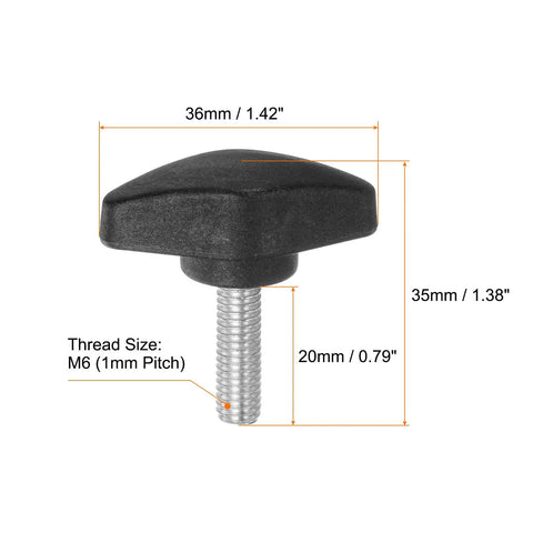 Four Pack Tee Wing Thumb Screws M6 X 20mm Standard Male Thread Black T Handle Knobs dimensions with sizes labeled.