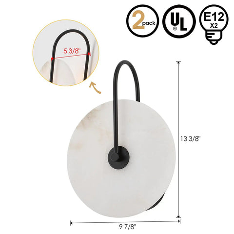 ELYCCUPA 10” Marble Wall Sconces Set of Two Matte Black Classic Stone Alabaster Wall Lights with dimensions displayed.