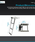 Dimensions of Heavy Duty 3 Step Telescoping Swim Platform Ladder Crafted From Marine Grade 304 Stainless Steel, shown in deployed and stowed positions.