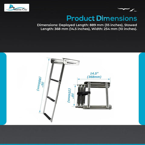 Dimensions of Heavy Duty 3 Step Telescoping Swim Platform Ladder Crafted From Marine Grade 304 Stainless Steel, shown in deployed and stowed positions.