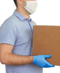 Top Notch Disposable Vinyl Exam Gloves In Steel Blue worn while carrying a cardboard box, providing hand protection.