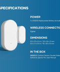 Specifications for Four Pack Zigbee Door Sensor Mini Smart Contact Alarm for Home Automation and Kid Safety.