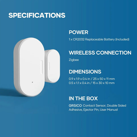 Specifications for Four Pack Zigbee Door Sensor Mini Smart Contact Alarm for Home Automation and Kid Safety.