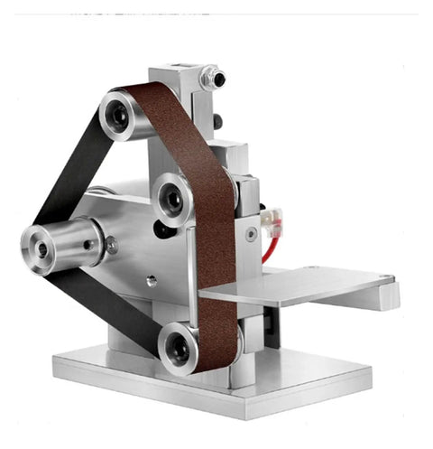 Mini Electric Belt Sander Desktop Grinder Badass Polisher And Edge Sharpener crushing dust with metal frame and sanding belt.