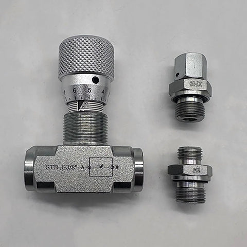 HNZZQFR three-piece tubular hydraulic bidirectional flow-control valve set, front view, G3/8 threads with L08 connector