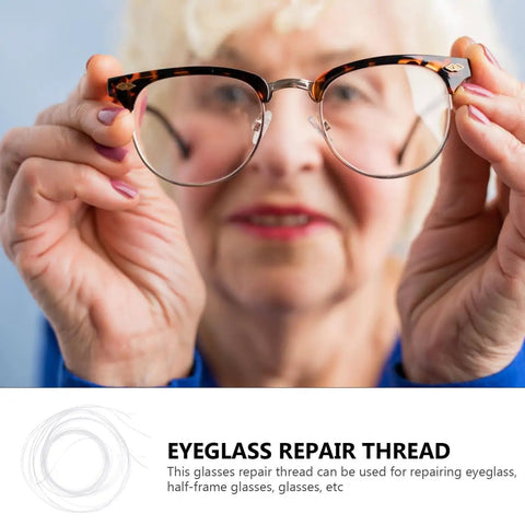 Person holding half-rim glasses displaying eyeglass repair thread usage for quick repairs on-the-go and eyewear maintenance.