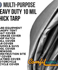 Heavy Duty 12 By 25 Foot Silver And Black Waterproof UV Blocking 10 Mil Poly Tarp folded for outdoor shelter use.
