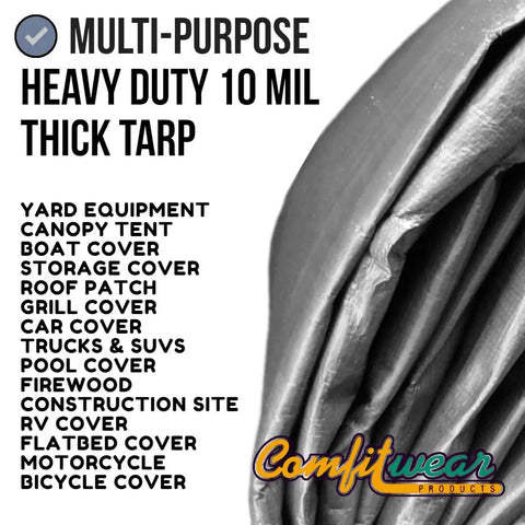 Heavy Duty 12 By 25 Foot Silver And Black Waterproof UV Blocking 10 Mil Poly Tarp folded for outdoor shelter use.