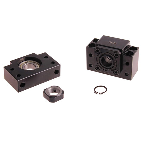 Black BK10 BF10 Ballscrew End Supports Set - Heavy-Duty Ballscrew Bearing Block Bracket For SFU1204 And CNC Router, High Precision, Rigid, Sealed And Greased, Smooth Rotation And Easy Mounting., BK20 set shown with bearing block, nut and circlip