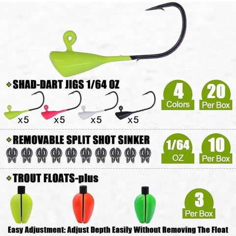 All In One Trout Fishing Lure Kit 165 Piece Set With Split Tail Grub Worms Shad Dart Jig Heads Floats And Sinkers