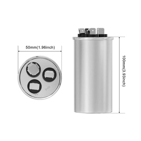 Oval Run Capacitor 30/5MFD 370V 440VAC CBB65S For Air Conditioners And Condensers 50/60Hz Heat Pumps, silver metal can with terminals